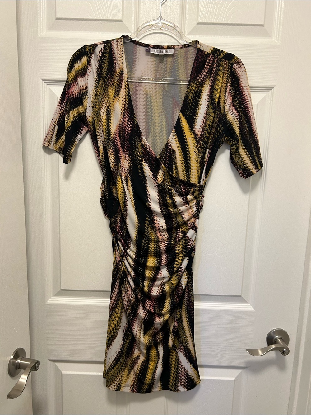 Jennifer Lopez Abstract Wrap Dress in Black, Yellow & Pink